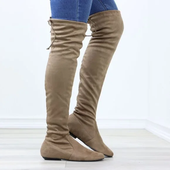 Taupe Thigh High Over The Knee Flat Boots Faux Suede - Picture 3 of 15